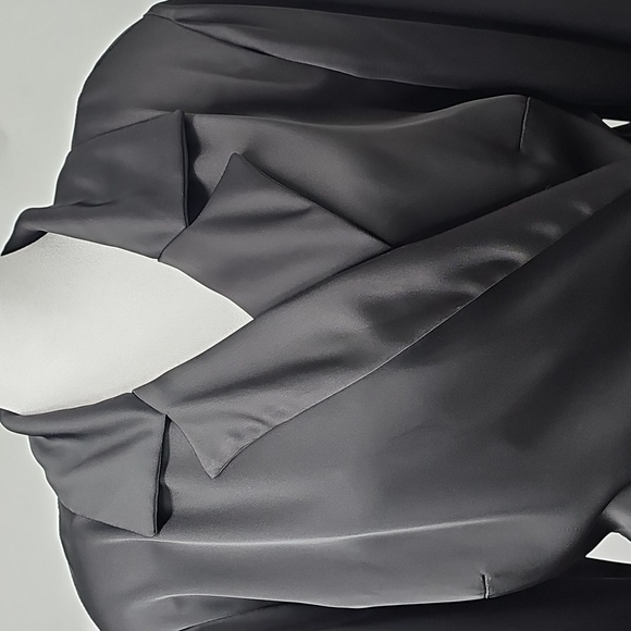 Eloquii Elegant Black Satin Wrap Dress Padded Shoulders Tulip Hemline - Picture 6 of 15